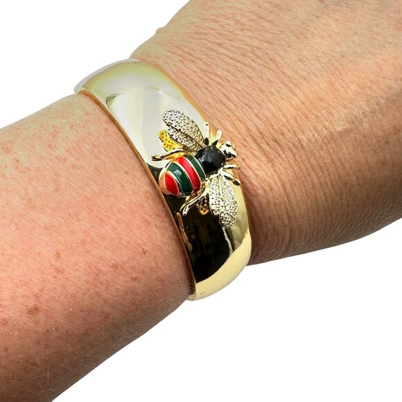 Bee Bracelet Clear Crystal Red Green Enamel Gold Plated Hinged Bangle 7 Inch - Picture 3 of 6